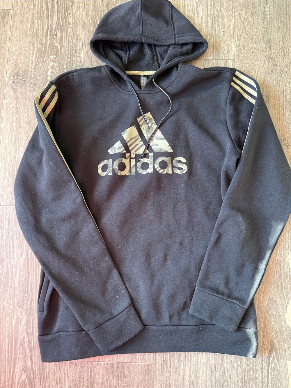adidas Black Hoodie with Gold Logo and Stripes